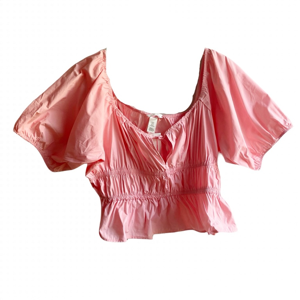 H&M Pink Puff Sleeve Blouse Size XL Cotton Poplin Ruffles Tie Keyhole Feminine - Picture 6 of 12